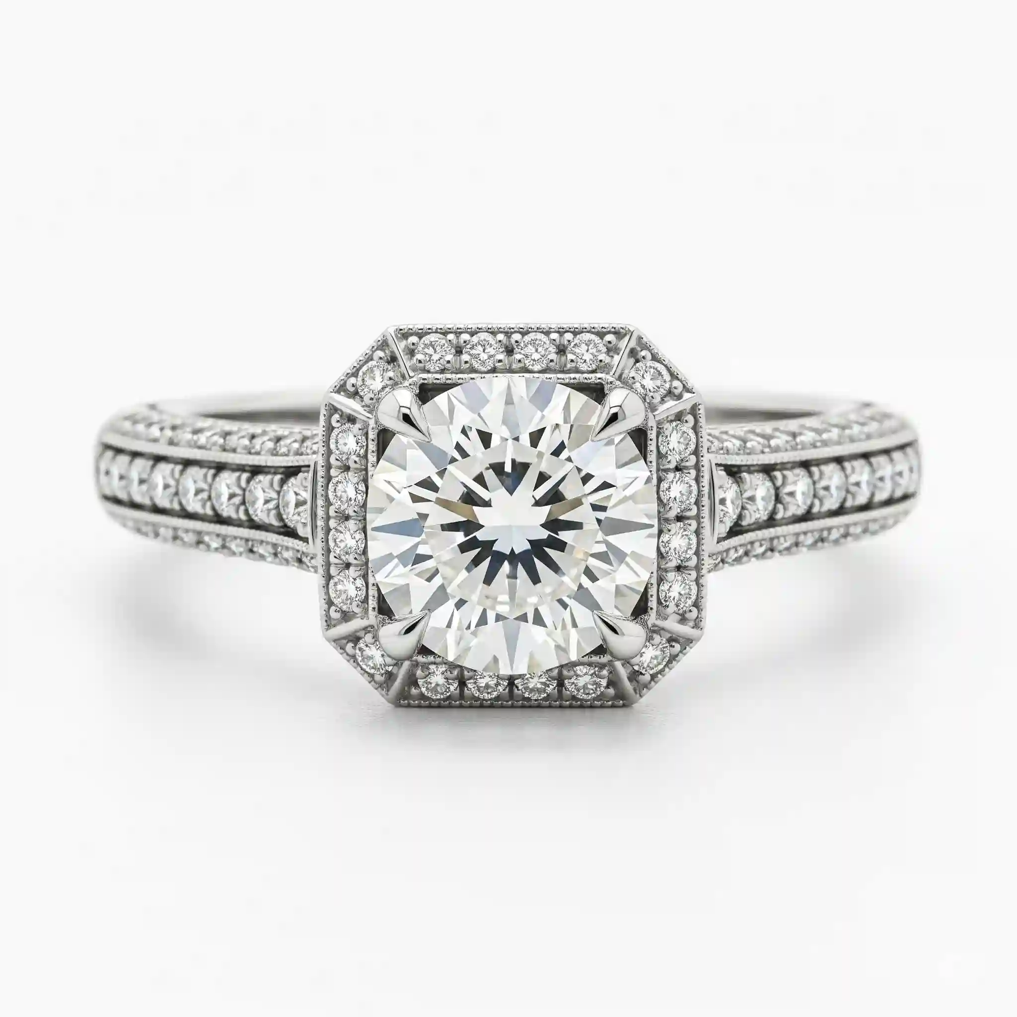 High-resolution studio photograph of a modern 3 carat round brilliant diamond engagement ring in a platinum setting with a pavé band, inspired by Art Deco style. Perfect for 2025 Hatton Garden jewellery trends.