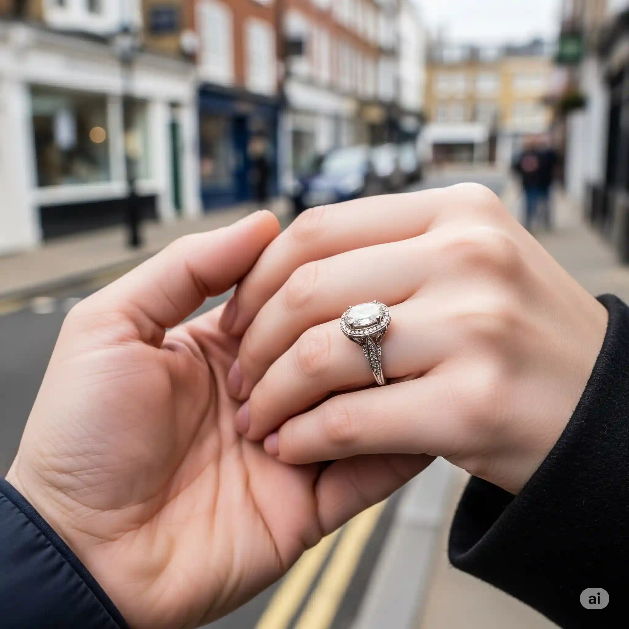 Romantic lifestyle photo of a couple's hands in Hatton Garden, London, showcasing a vintage-inspired engagement ring with a 3 carat oval diamond and intricate filigree details, reflecting 2025 trends.